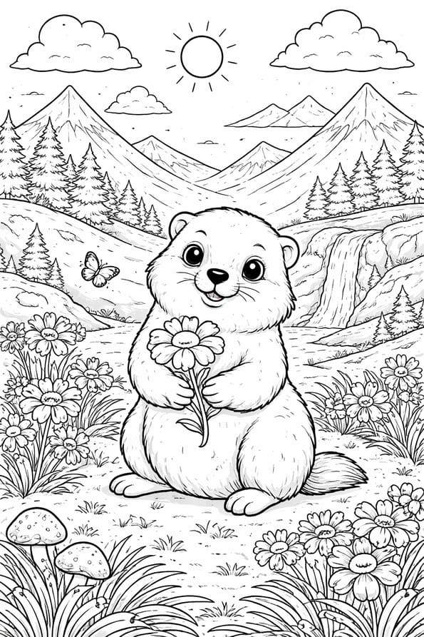 Une adorable marmotte cueille des fleurs en montagne