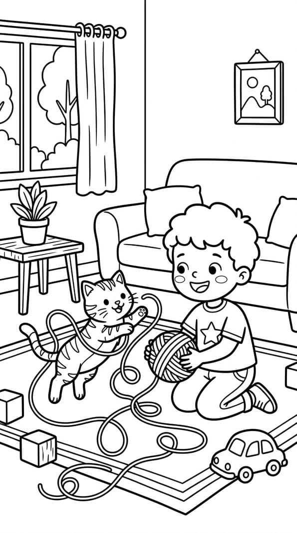 Un petit gar&ccedil;on joue avec son chat dans le salon