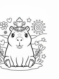 Coloriage d'un capybara Kawaï avec un oiseau sur la tête