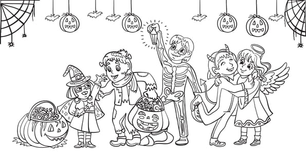 Coloriage f&ecirc;te d'Halloween d&eacute;guis&eacute;e entre copains