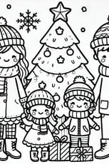 Coloriage famille sous le sapin de Noël