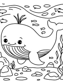 Coloriage d'une adorable baleine entour&eacute;e de poissons