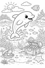 Coloriage d'un dauphin trop mignon qui a trouv&eacute; un tr&eacute;sor