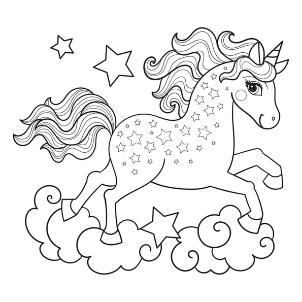 Coloriage d'une belle licorne sur des nuages