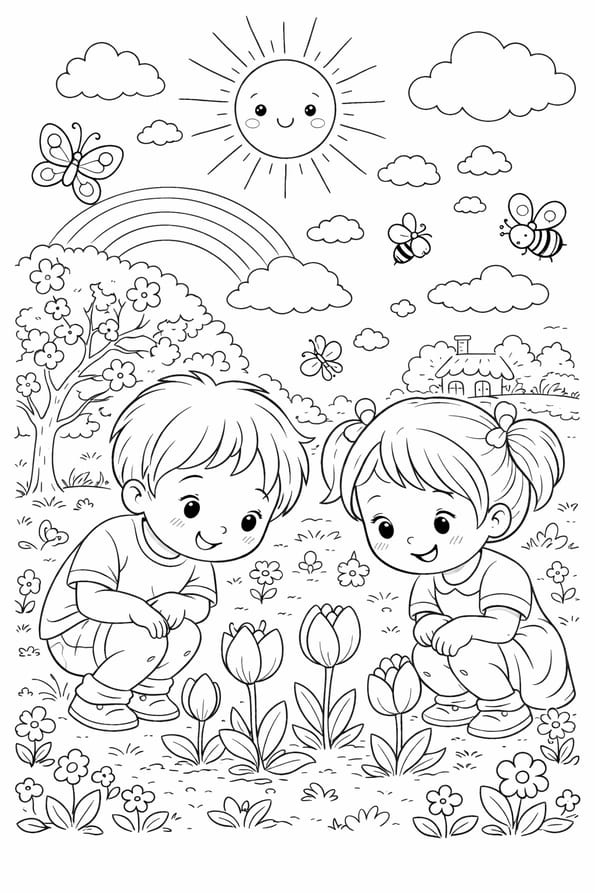 Deux enfants admirent les fleurs en train d'&eacute;clore