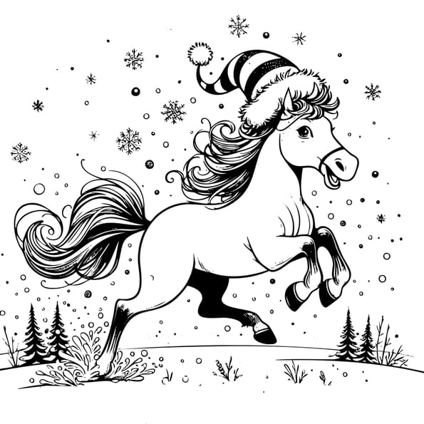 Un cheval joue dans la neige avec son bonnet de Noël