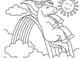 Coloriage d'une licorne qui fait du toboggan sur un arc-en-ciel