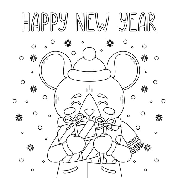 Coloriage d'une souris qui vous souhaite un "Happy New Year"