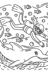 Coloriage d'une plongeuse avec un dauphin