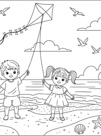 Coloriage les enfants font du cerf-volant &agrave; la plage