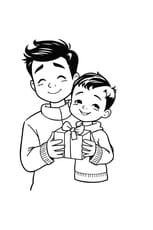 Coloriage d'un petit gar&ccedil;on qui offre un cadeau pour la f&ecirc;te des p&egrave;res