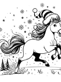 Un cheval joue dans la neige avec son bonnet de No&euml;l