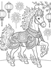 Coloriage du Nouvel An chinois, l'ann&eacute;e du Cheval de Feu