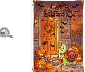 Carte "joyeux Halloween", Hugo l'Escargot chasse les bonbons