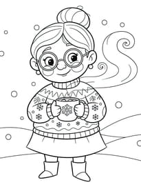 Mamie boit un chocolat chaud sous la neige