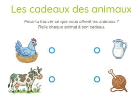 Les cadeaux des animaux&nbsp;: relie chaque animal &agrave; ce qu'il produit