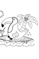 Coloriage d'un toucan sur sa planche de surf
