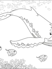 Coloriage d'une baleine &agrave; bosses et ses amis poissons