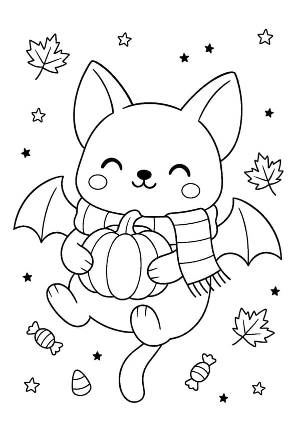 Coloriage d'Halloween Kawaii&nbsp;: un chaton et sa citrouille