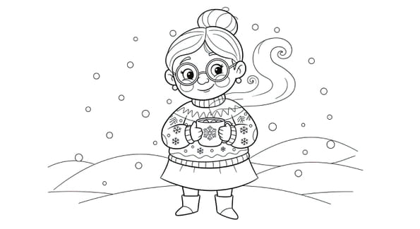 Mamie boit un chocolat chaud sous la neige