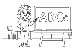 Coloriage ma&icirc;tresse qui apprend l'alphabet