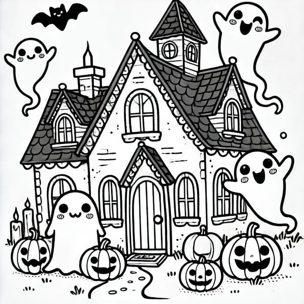 Coloriage d'une maison hantée avec d'adorables fantômes