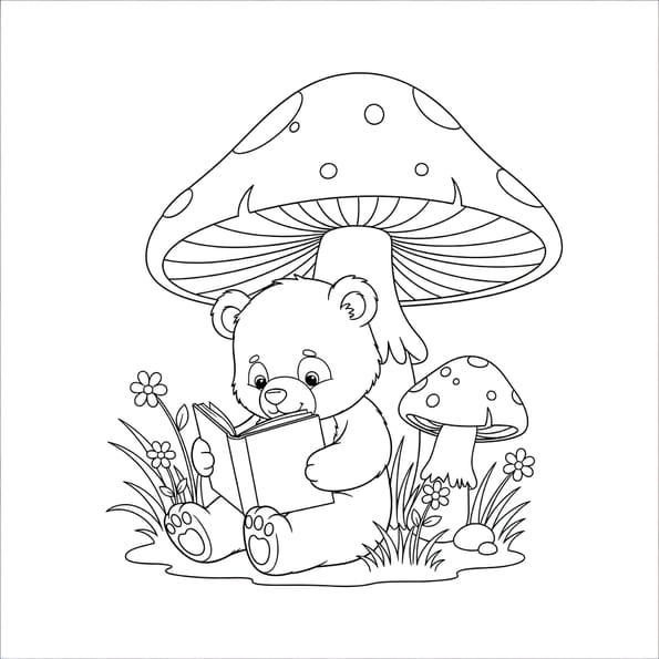 Coloriage d'un ours qui lit un livre dans la for&ecirc;t