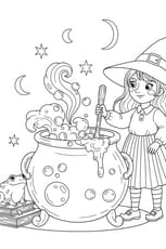 Coloriage sorci&egrave;re d'Halloween et son chaudron magique