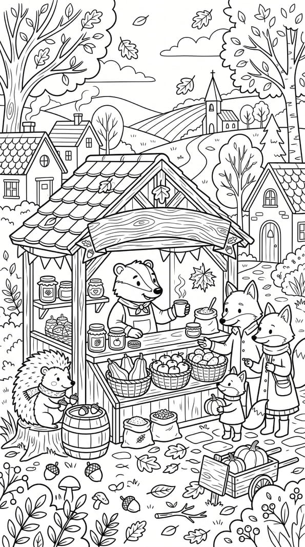 Coloriage march&eacute; d'automne des animaux