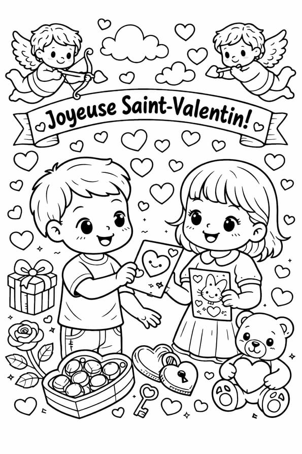 Deux enfants s'offrent des jolies cartes de Saint-Valentin