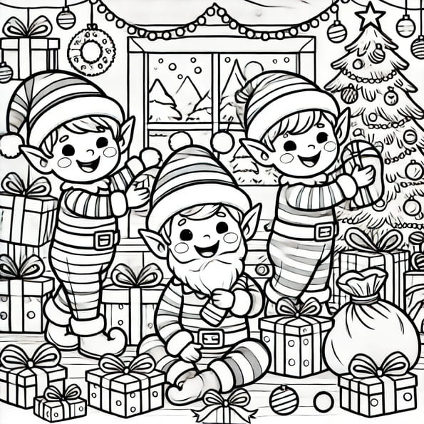 Coloriage lutins de Noël sous le sapin