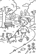 Une petite fille prom&egrave;ne son chien au parc