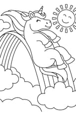 Coloriage d'une licorne qui fait du toboggan sur un arc-en-ciel