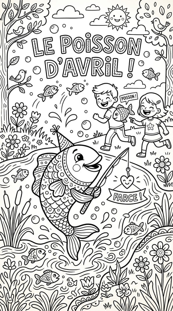 Coloriage d'un poisson d'avril qui p&ecirc;che