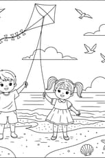 Coloriage les enfants font du cerf-volant &agrave; la plage