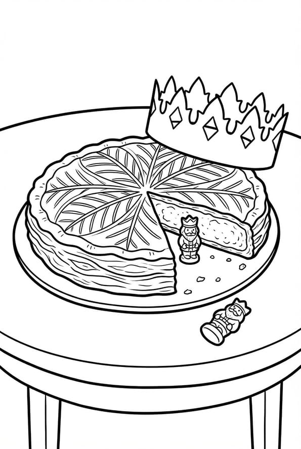 Coloriage d'une galette des rois avec sa f&egrave;ve et sa couronne