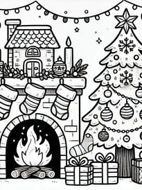 Coloriage sapin de Noël et cheminée