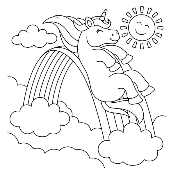 Coloriage d'une licorne qui fait du toboggan sur un arc-en-ciel