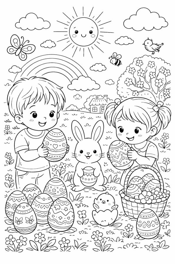 Les enfants font la chasse aux &oelig;ufs avec le lapin de P&acirc;ques