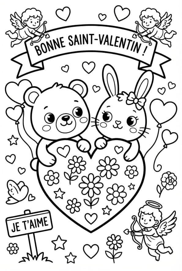 Un adorable ourson et un lapin amoureux se souhaitent une joyeuse Saint-Valentin