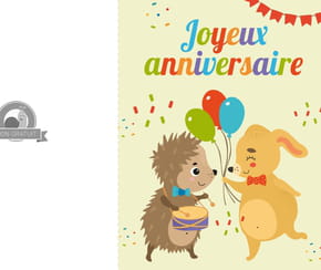 Carte "Joyeux anniversaire" h&eacute;risson et lapin