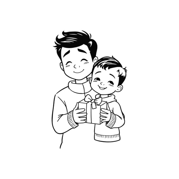 Coloriage d'un petit gar&ccedil;on qui offre un cadeau pour la f&ecirc;te des p&egrave;res