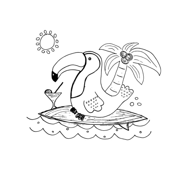 Coloriage d'un toucan sur sa planche de surf