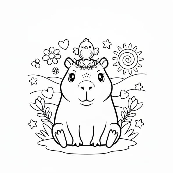 Coloriage d'un capybara Kawaï avec un oiseau sur la tête
