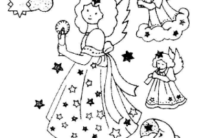Coloriage les anges de Noël dans le ciel