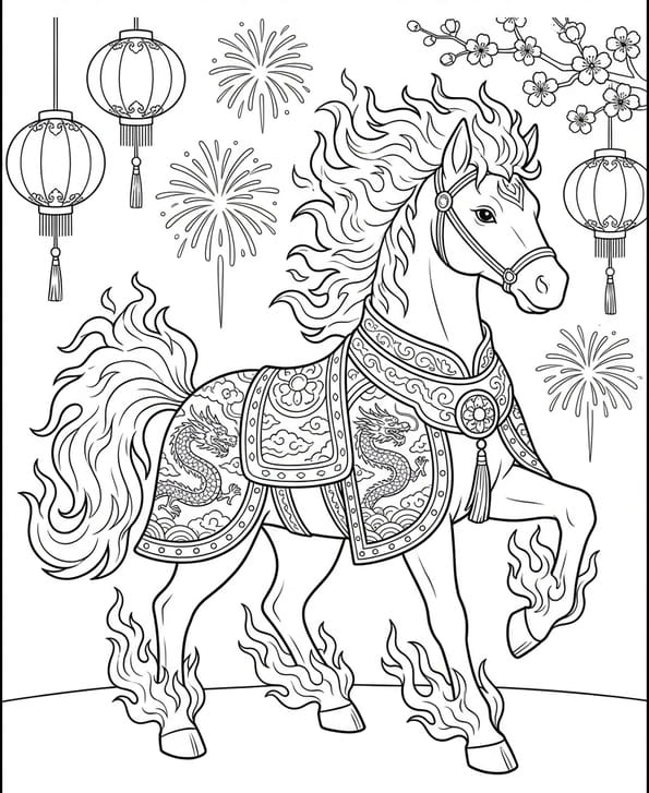 Coloriage du Nouvel An chinois, l'ann&eacute;e du Cheval de Feu