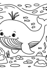 Coloriage d'une adorable baleine entour&eacute;e de poissons