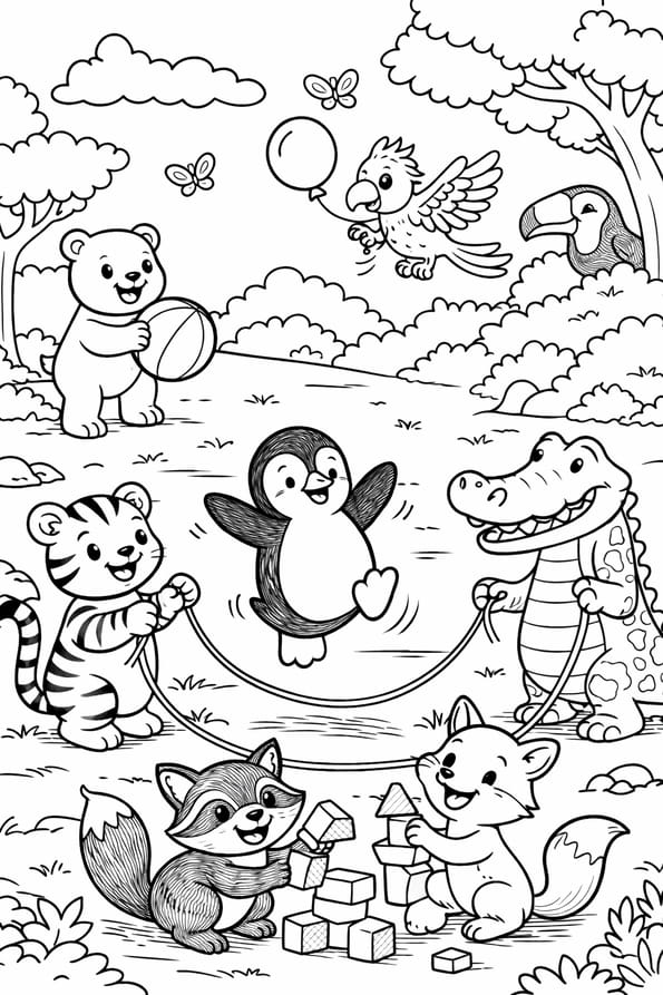 Tous les animaux du zoo s'amusent ensemble