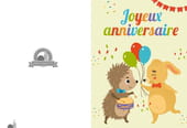 Carte "Joyeux anniversaire" h&eacute;risson et lapin