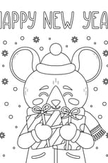 Coloriage d'une souris qui vous souhaite un "Happy New Year"